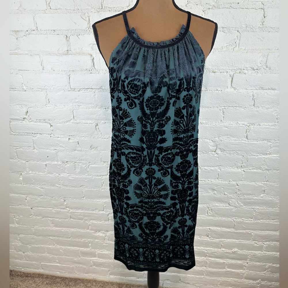 Max Studio Teal and Black Velveteen Print Mini Dress